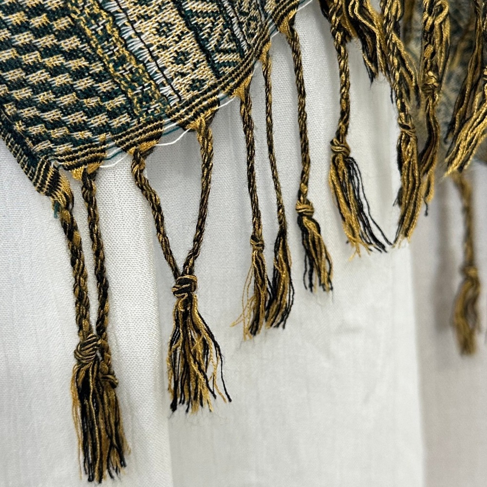 Pashmina Paisley Wrap Shawl Scarf Fringe Green Gold Cotton Silk Blend - Picture 5 of 8